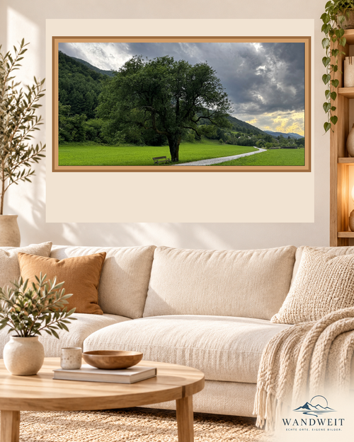Baum und Bank unter Gewitterhimmel – WANDWEIT Fotoprint im Wohnraum