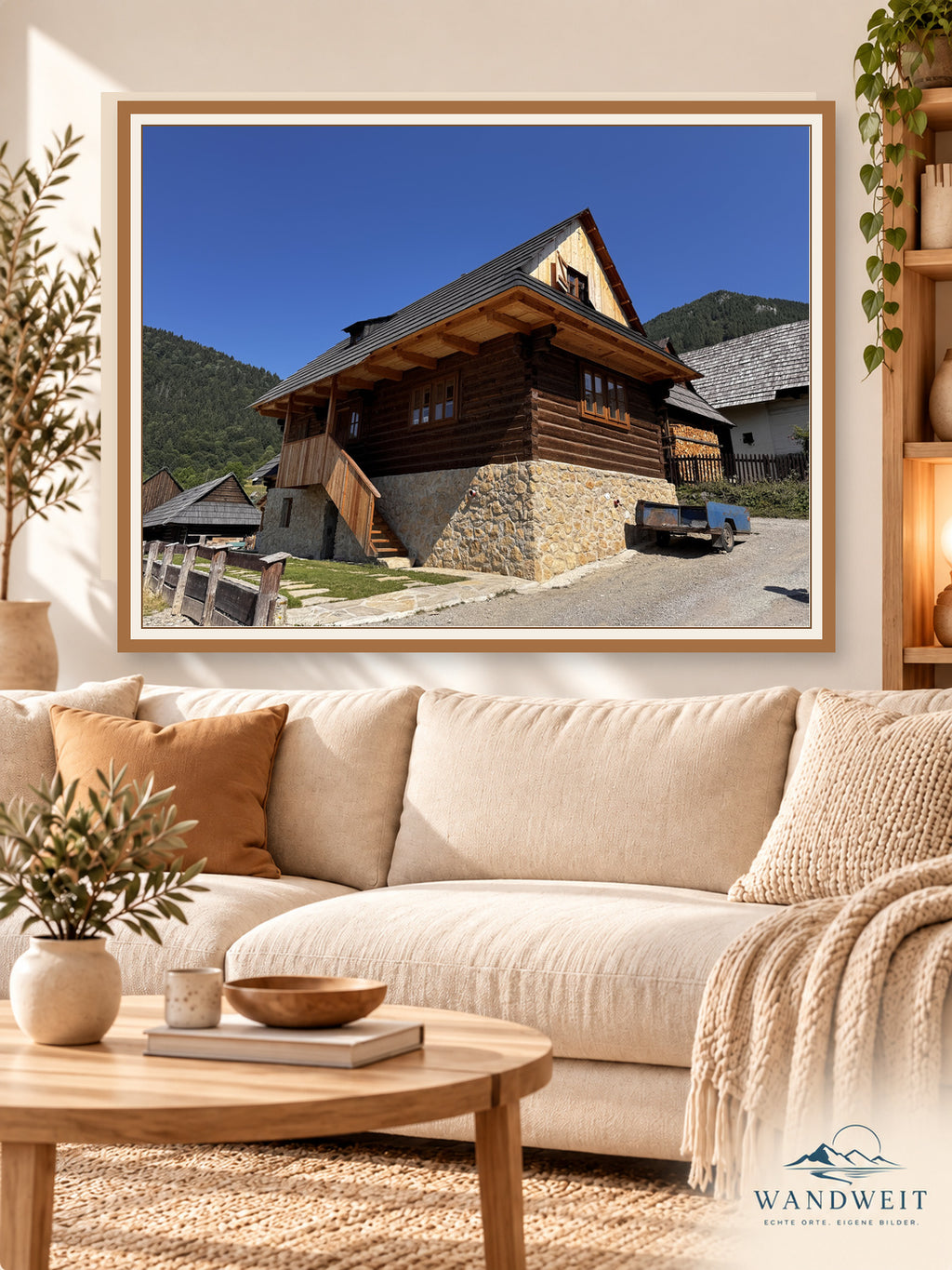 Holzhaus in den Bergen – WANDWEIT Wohnraum-Mockup