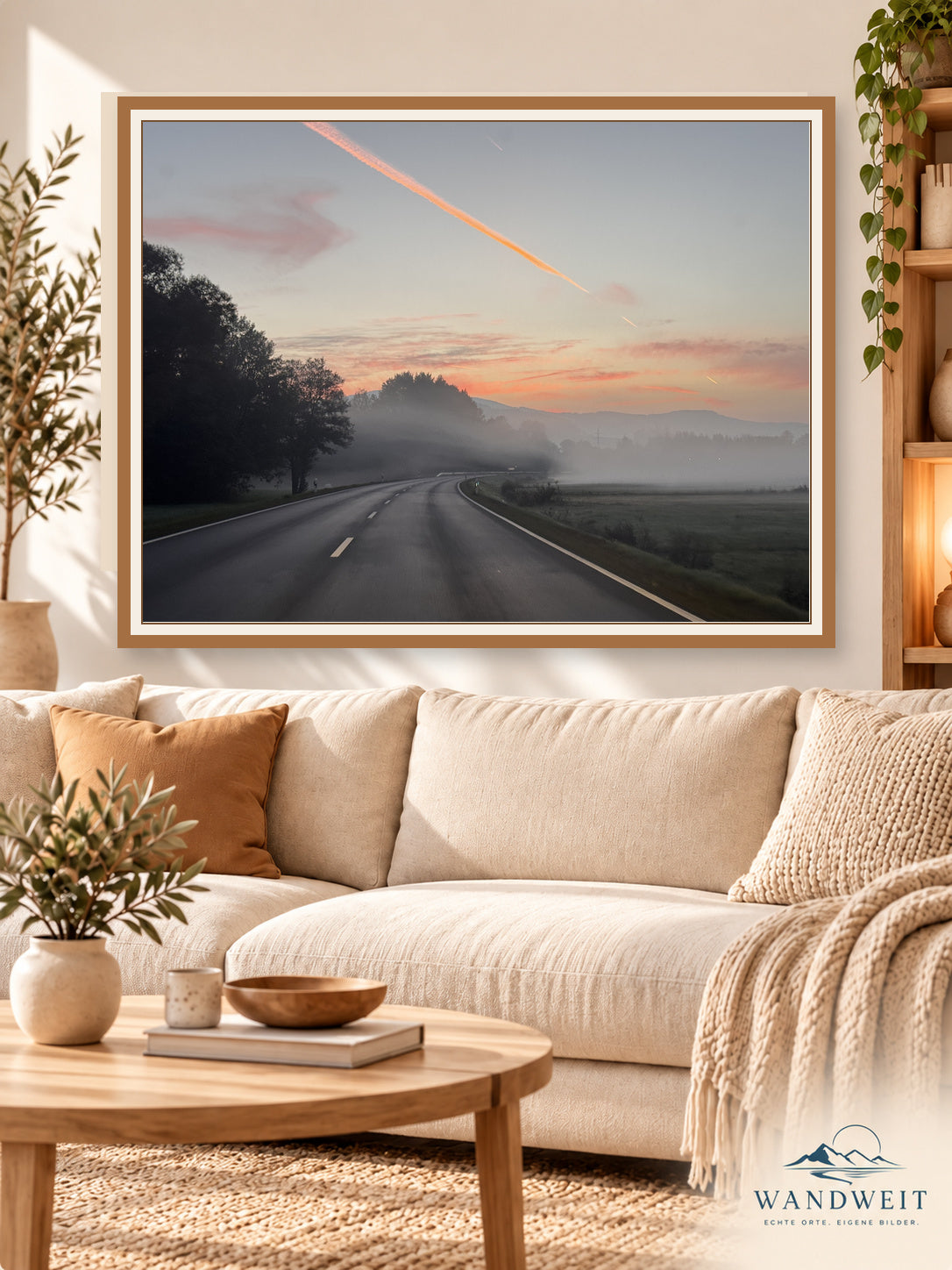 Straße im Morgennebel – WANDWEIT Wohnraum-Mockup, Rahmen an Originalformat angepasst