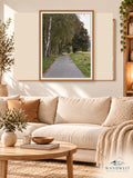Birkenweg im Herbst – WANDWEIT Wohnraum-Mockup, Rahmen an Originalformat angepasst